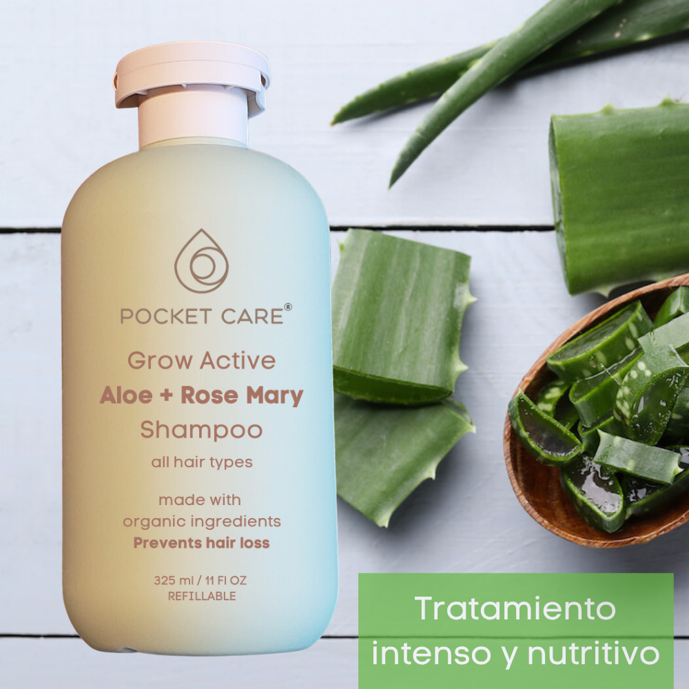 Shampoo para pelo orgánico, artesanal de pulpa de sábila en alta concentración, romero y nutrientes naturales, regenerador de cabello, Prevención caída del cabello e Hidratación 525 ml (Kit Shampoo + Refill, Aloe Vera)