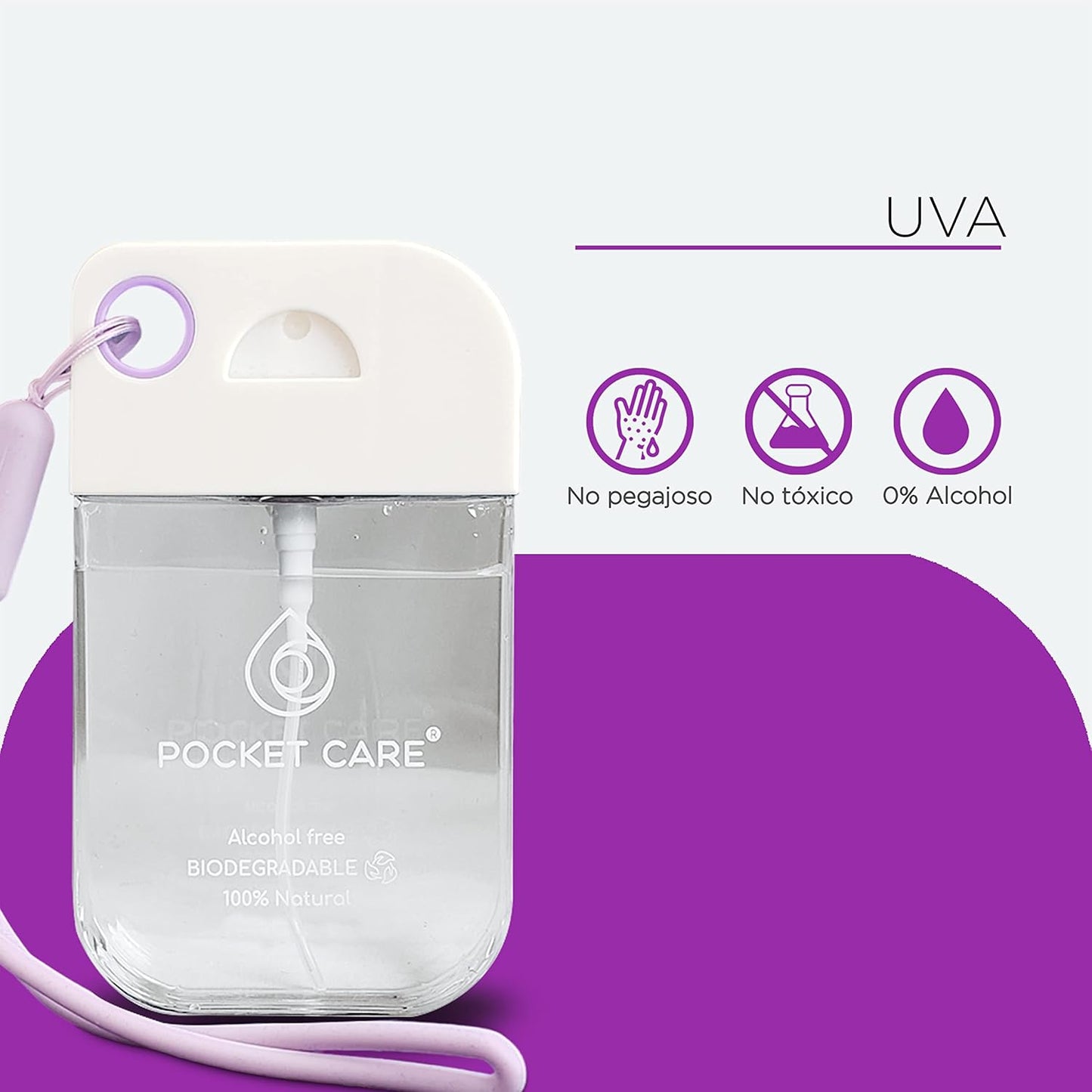 Pocket Care Uva Desinfectante Spray - Sin Alcohol 45ml - Antibacterial Spray de Bolsillo Orgánico | Sanitizante para Manos - Hand Sanitizer | Aroma Uva - 100% Natural