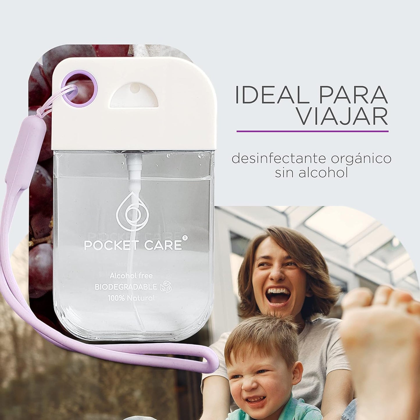 Pocket Care Uva Desinfectante Spray - Sin Alcohol 45ml - Antibacterial Spray de Bolsillo Orgánico | Sanitizante para Manos - Hand Sanitizer | Aroma Uva - 100% Natural