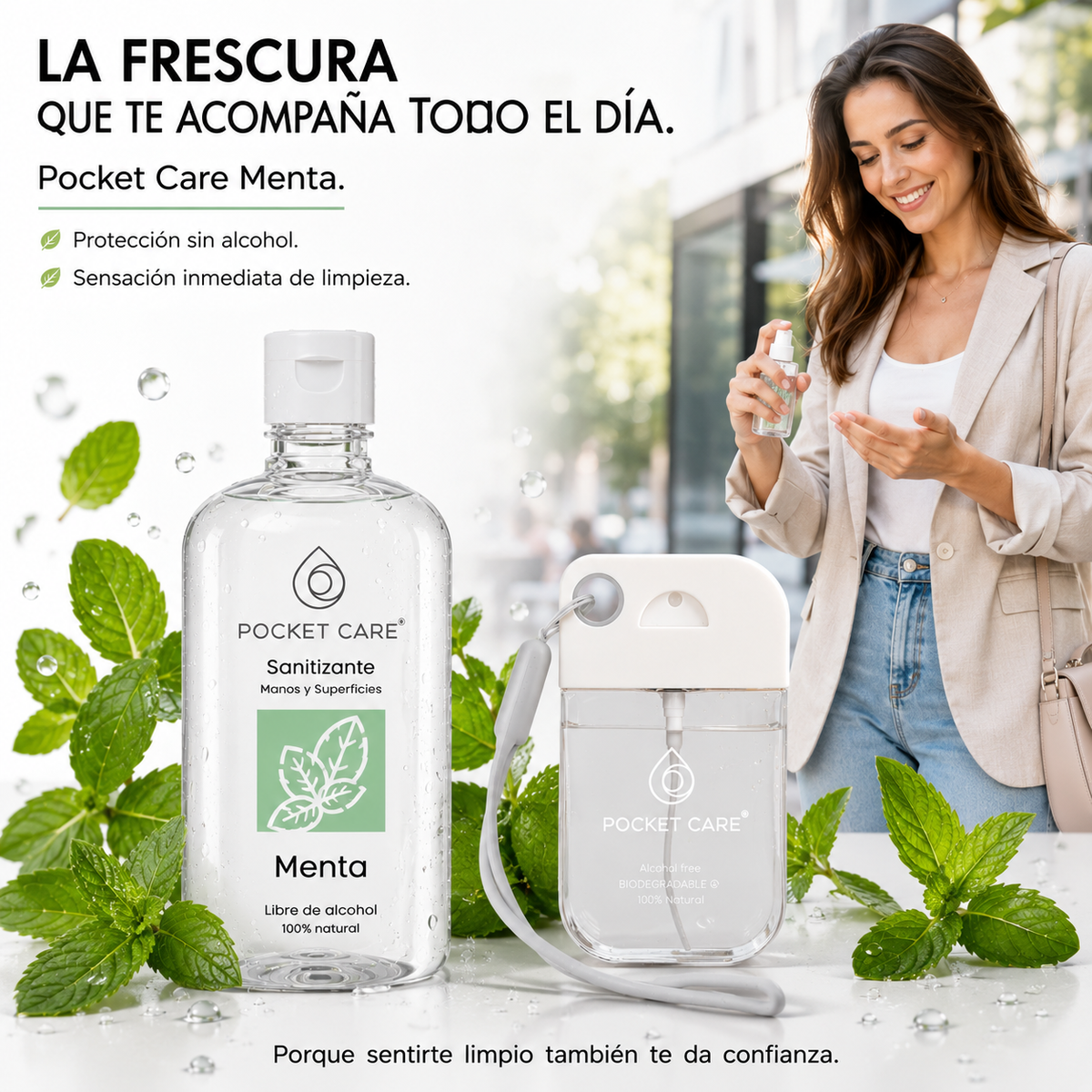 Kit Sanitizante Spray Sin Alcohol 50ml + Refill 250ml — Aroma Menta | Pocket Care