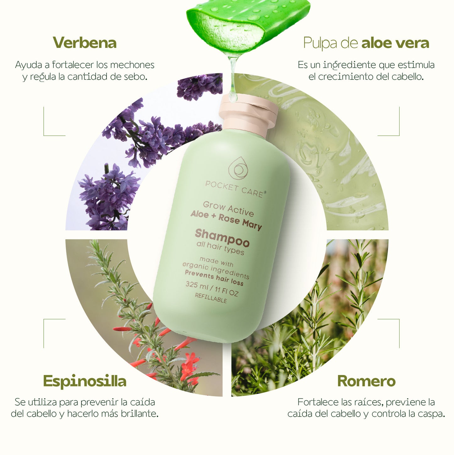 4 pza Shampoo artesanal Organico Revitalizante de Sábila, Verbena, Romero y Espinosilla - Hidratación Profunda y Brillo Saludable 325ml.