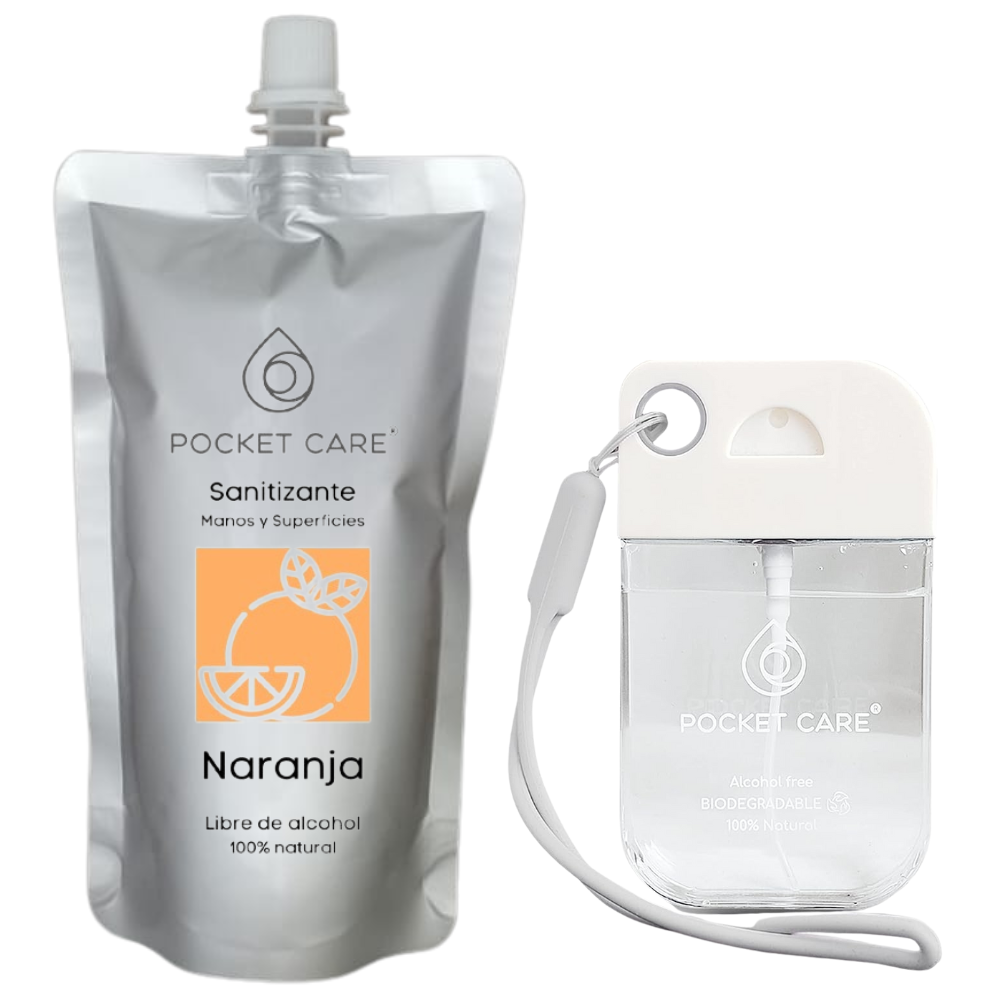 Pocket Care | KIT Desinfectante Spray - Sin Alcohol | 45ml - NARANJA | Antibacterial Spray de Bolsillo Orgánico + REFILL 200ml | Sanitizante para Manos | Hand Sanitizer 100% Natural