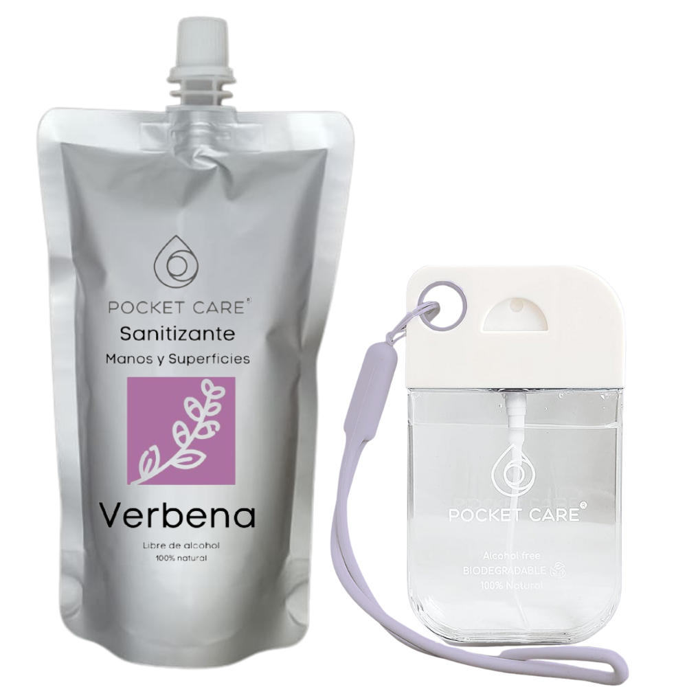 Pocket Care | KIT Desinfectante Spray - Sin Alcohol | 45ml - VERBENA | Antibacterial Spray de Bolsillo Orgánico + REFILL 200ml | Sanitizante para Manos | Hand Sanitizer 100% Natural