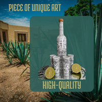 kit Decantador de tequila y 4 vasos tequileros pintados a mano, hermosas historias únicas, ideal para tequila, mezcal, sangrita, 2 onzas,