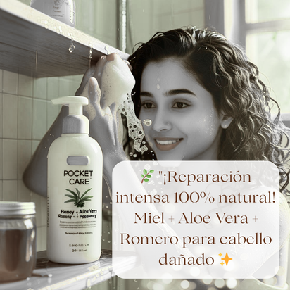 POCKETCARE - Shampoo Orgánico de Miel, Aloe Vera y Romero - Reparador Intenso para Cabello Dañado - Hidratación Natural, Anticaída y Crecimiento - Sin Sulfatos, Parabenos ni Siliconas - 100% Natural y Vegano 325ml
