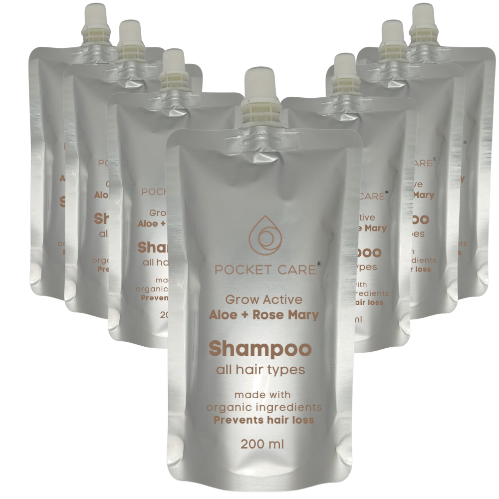 12 Bolsas con Shampoo para pelo, orgánico, artesanal con alta concentración de pulpa de sábila, romero y nutrientes naturales, regenerador de cabello, Hidratación y Previene la caída del cabello 200 ml (Refill, Aloe Vera)