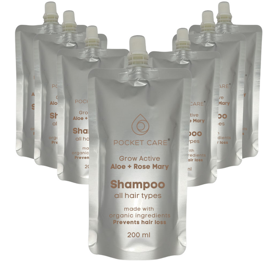 12 Bolsas con Shampoo para pelo, orgánico, artesanal con alta concentración de pulpa de sábila, romero y nutrientes naturales, regenerador de cabello, Hidratación y Previene la caída del cabello 200 ml (Refill, Aloe Vera)