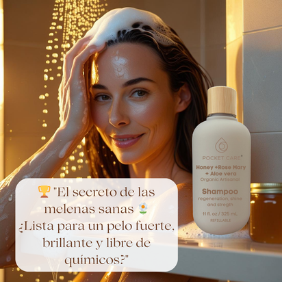 POCKETCARE - Shampoo Orgánico de Miel, Aloe Vera y Romero - Reparador Intenso para Cabello Dañado - Hidratación Natural, Anticaída y Crecimiento - Sin Sulfatos, Parabenos ni Siliconas - 100% Natural y Vegano 325ml