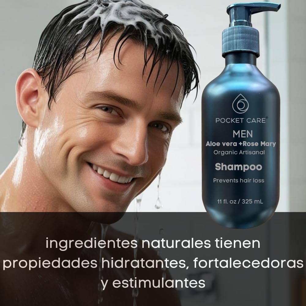 Kit con 2 Shampoos para Hombres 100% Natural y Orgánico | Fortalecedor Capilar con Aloe Vera, Romero, Jojoba y Ortiga | Control de Caída, Caspa y Exceso de Grasa | Aumenta Densidad y Brillo | Sin Sulfatos, Parabenos ni Químicos Agresivos | 325ml