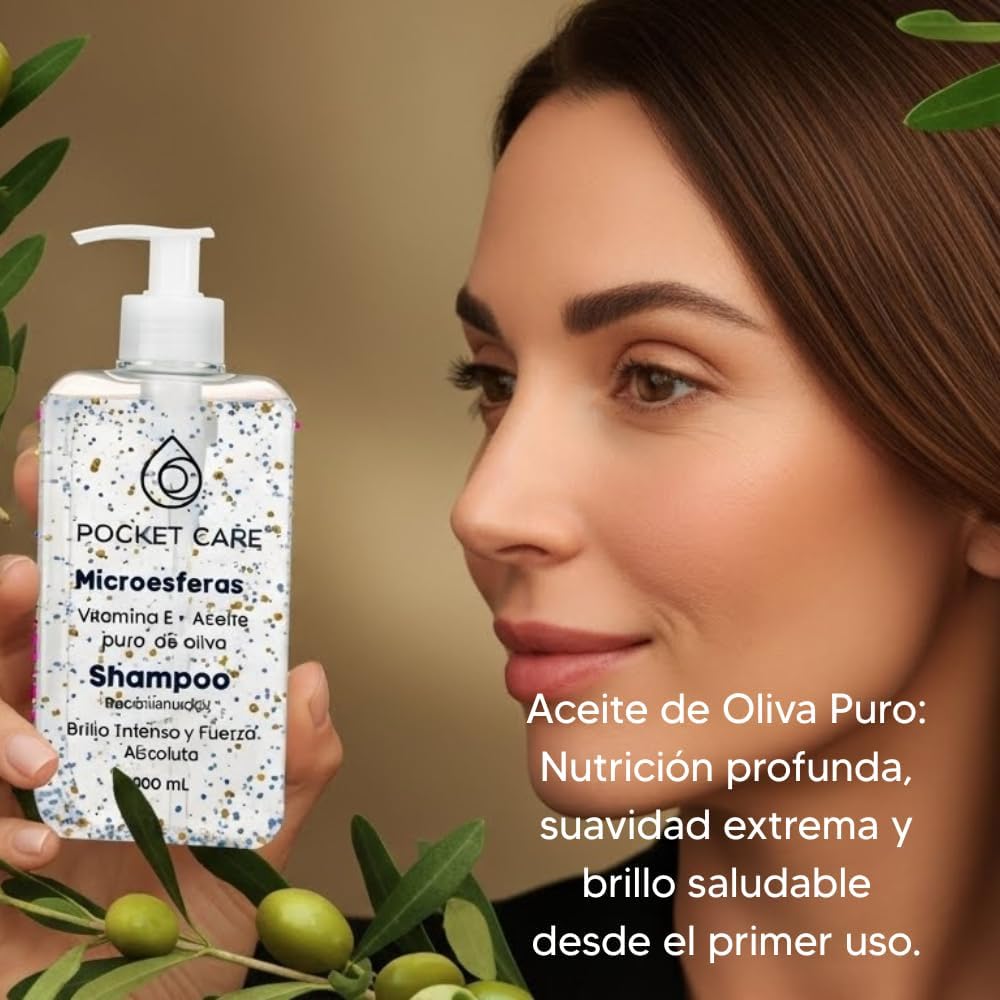 Shampoo Orgánico con Vitamina E antioxidantes y Aceite de Oliva– Microesferas Nutritivas, Brillo y Suavidad – Fórmula Libre de Sulfatos 300 ml
