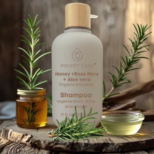 POCKETCARE - Shampoo Orgánico de Miel, Aloe Vera y Romero - Reparador Intenso para Cabello Dañado - Hidratación Natural, Anticaída y Crecimiento - Sin Sulfatos, Parabenos ni Siliconas - 100% Natural y Vegano 325ml