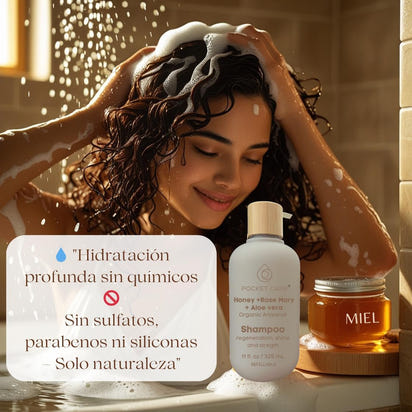 Kit con 2 Shampoos Orgánicos de Miel, Aloe Vera y Romero - Reparador Intenso para Cabello Dañado - Hidratación Natural, Anticaída y Crecimiento - Sin Sulfatos, Parabenos ni Siliconas - 100% Natural y Vegano 325ml