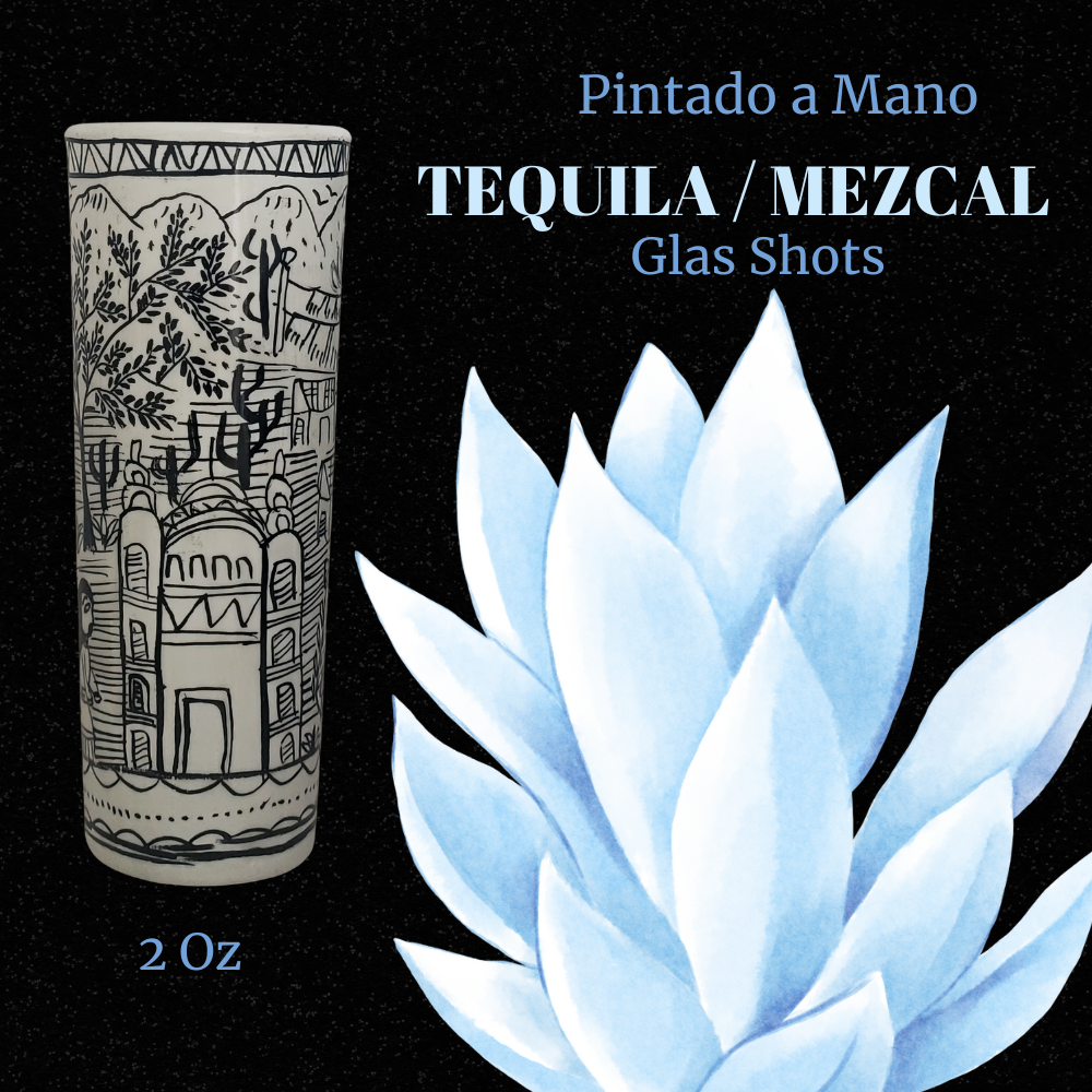 kit Decantador de tequila y 4 vasos tequileros pintados a mano, hermosas historias únicas, ideal para tequila, mezcal, sangrita, 2 onzas,