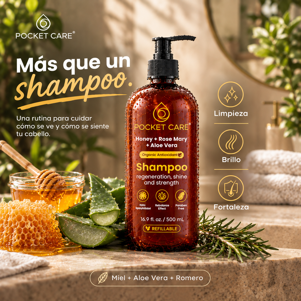 Shampoo de Miel, Sábila y Romero — Reparación Intensa, Anticaída y Crecimiento 325ml | Pocket Care