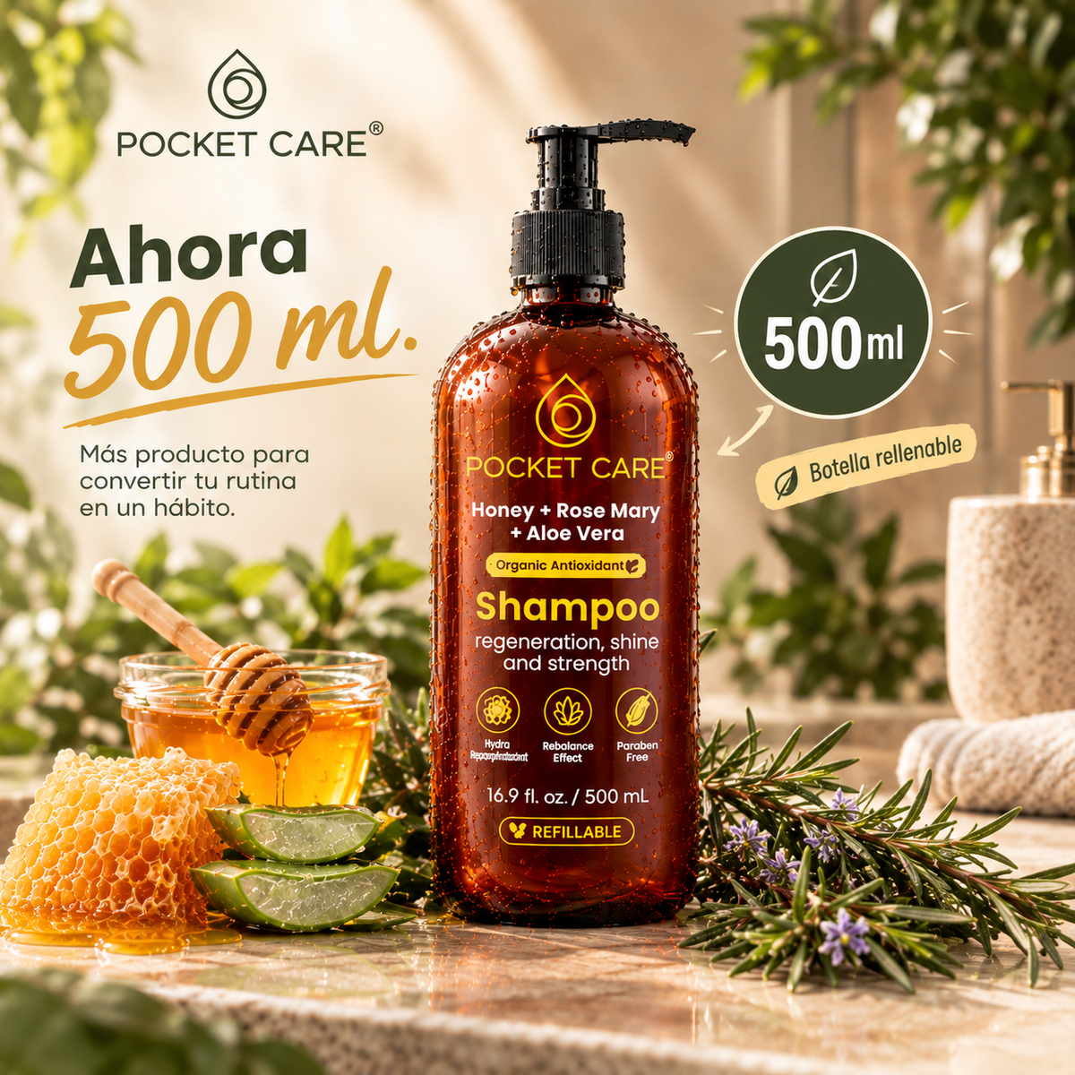Shampoo para Cabello Seco o Maltratado — Nutrición y Suavidad con Miel, Sábila y Romero | Kit 2 × 500 ml