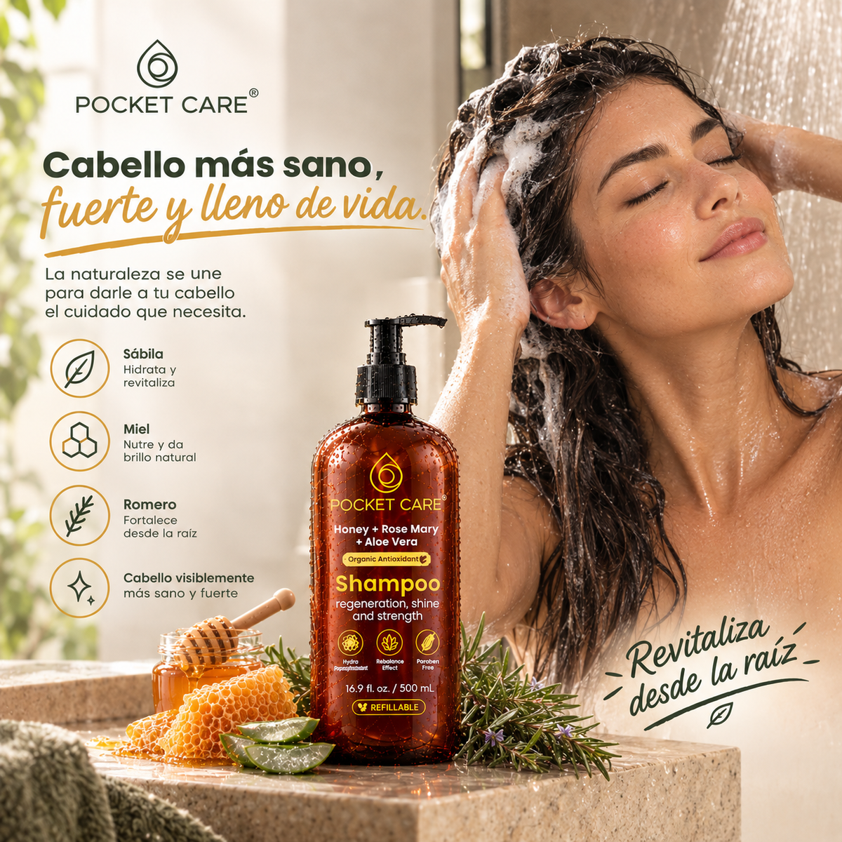 Shampoo de Miel, Sábila y Romero — Reparación Intensa, Anticaída y Crecimiento 325ml | Pocket Care