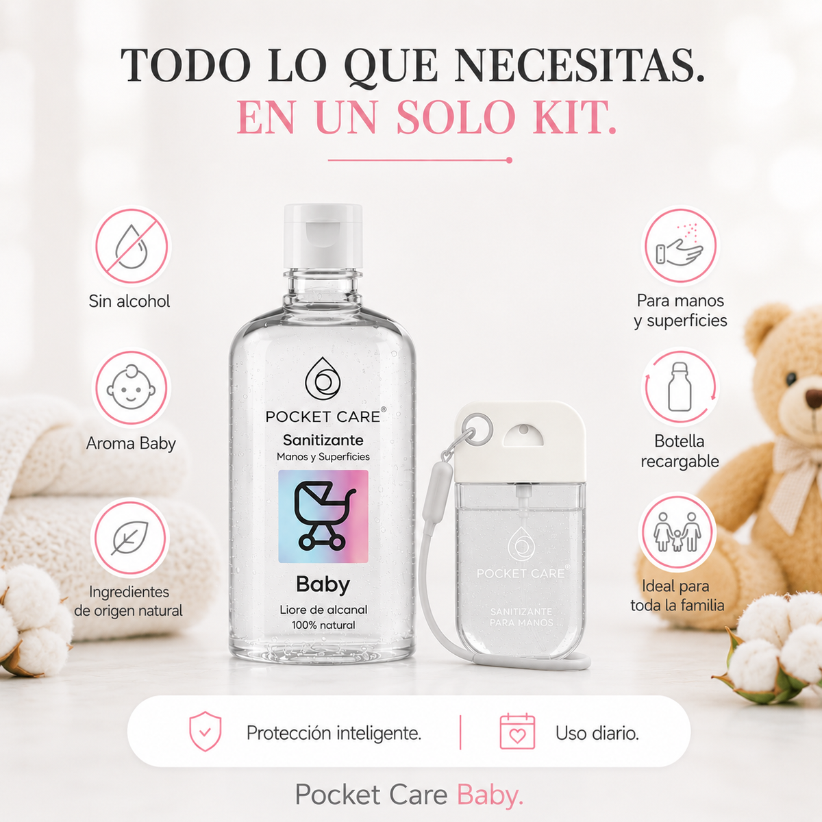 Kit Sanitizante Spray Sin Alcohol 45ml + Refill 250ml — Aroma Baby | Pocket Care