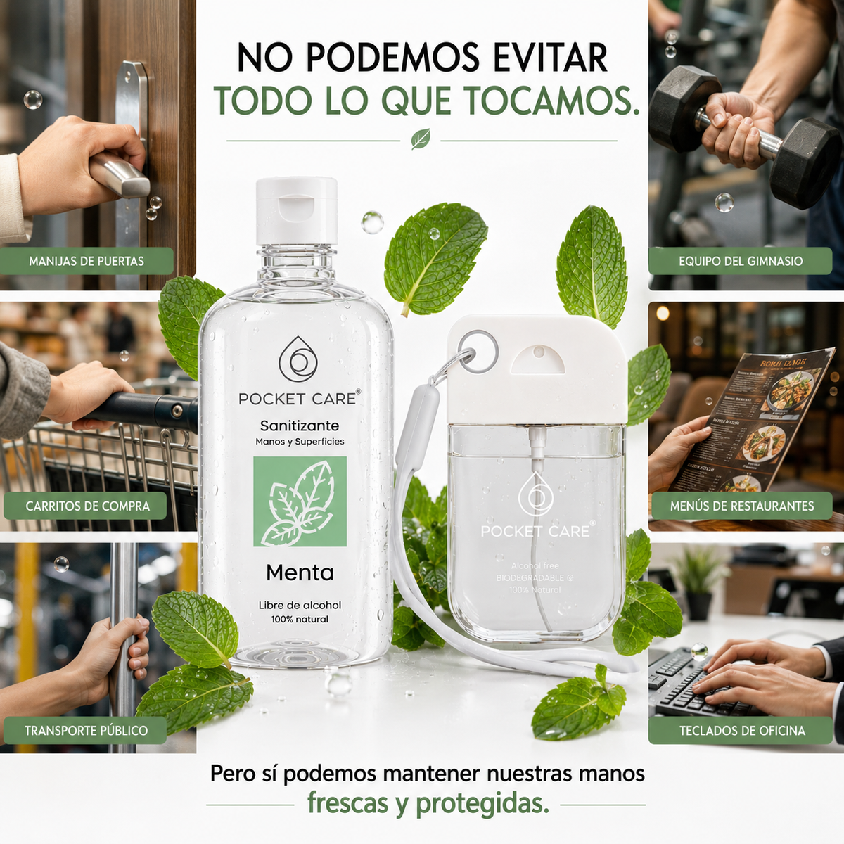 Kit Sanitizante Spray Sin Alcohol 50ml + Refill 250ml — Aroma Menta | Pocket Care