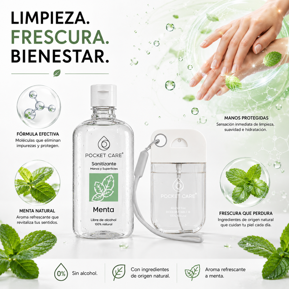 Kit Sanitizante Spray Sin Alcohol 50ml + Refill 250ml — Aroma Menta | Pocket Care