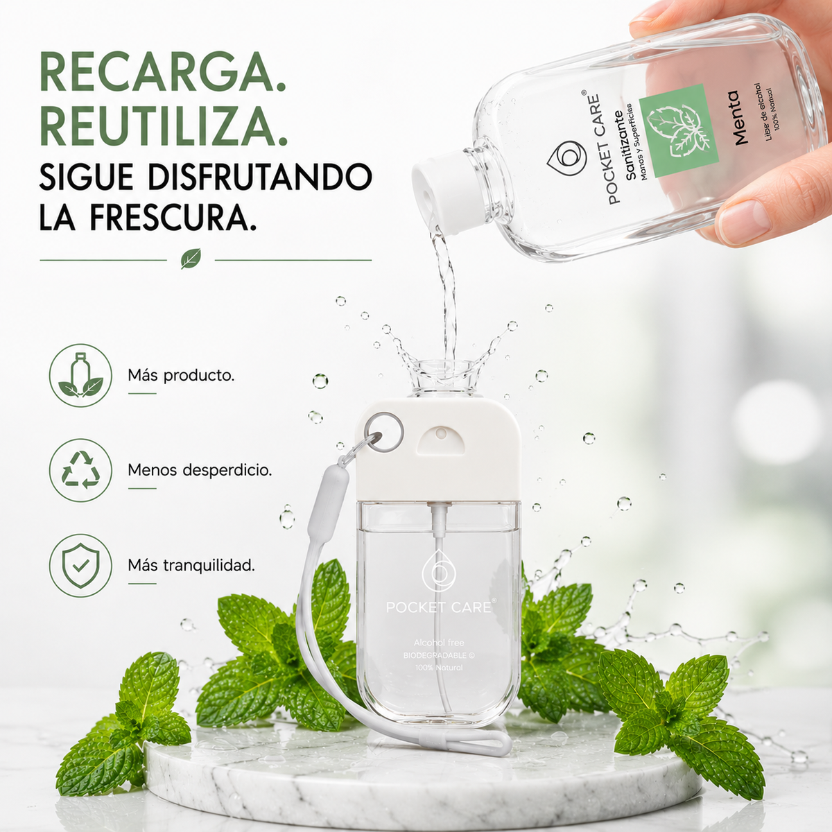 Kit Sanitizante Spray Sin Alcohol 50ml + Refill 250ml — Aroma Menta | Pocket Care