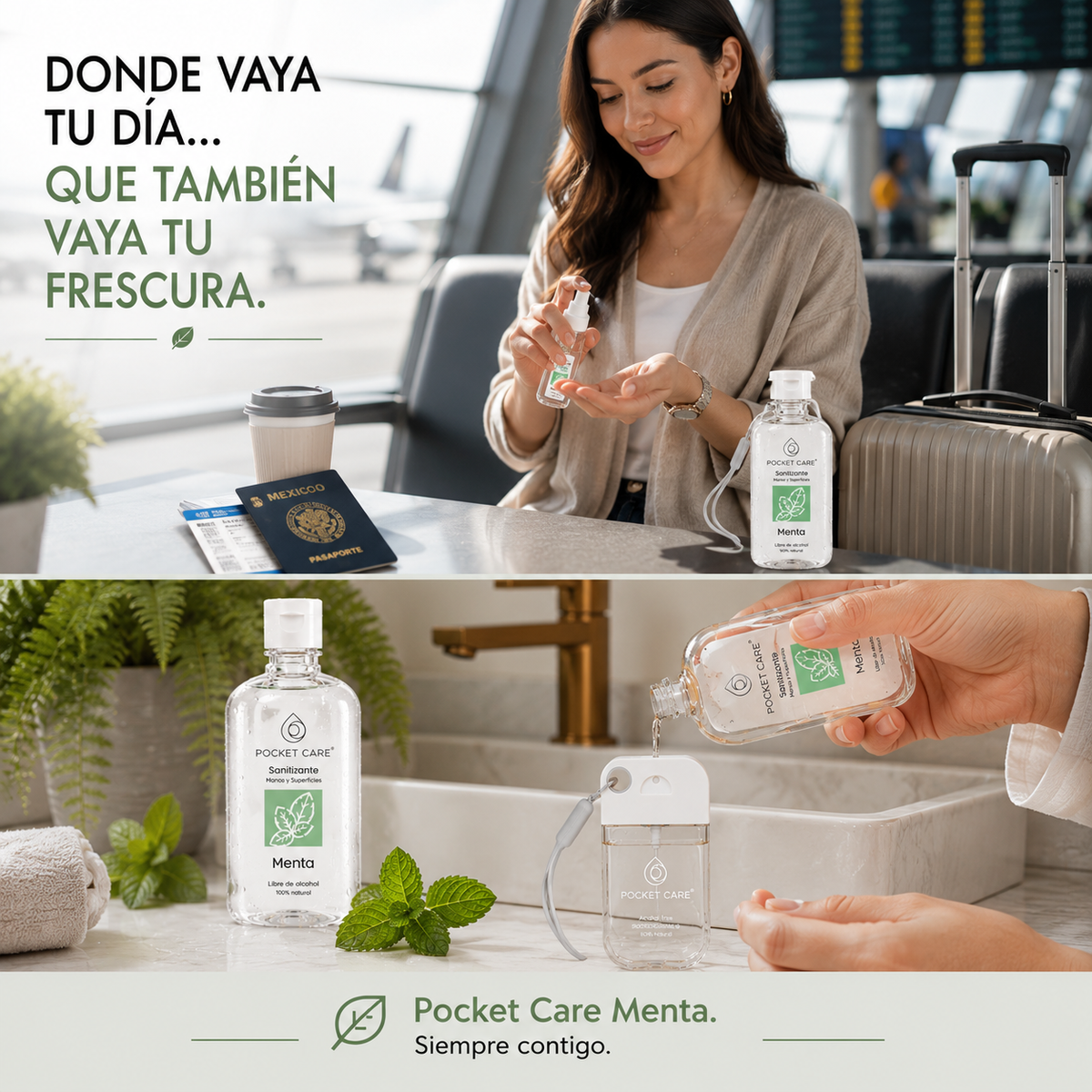 Kit Sanitizante Spray Sin Alcohol 50ml + Refill 250ml — Aroma Menta | Pocket Care