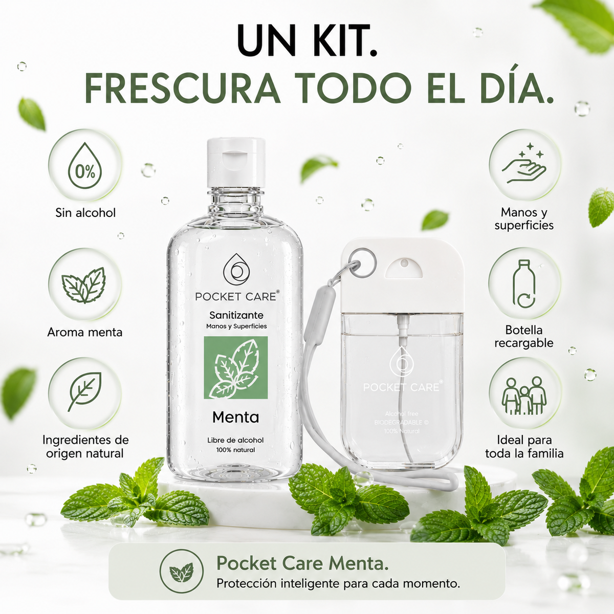 Kit Sanitizante Spray Sin Alcohol 50ml + Refill 250ml — Aroma Menta | Pocket Care