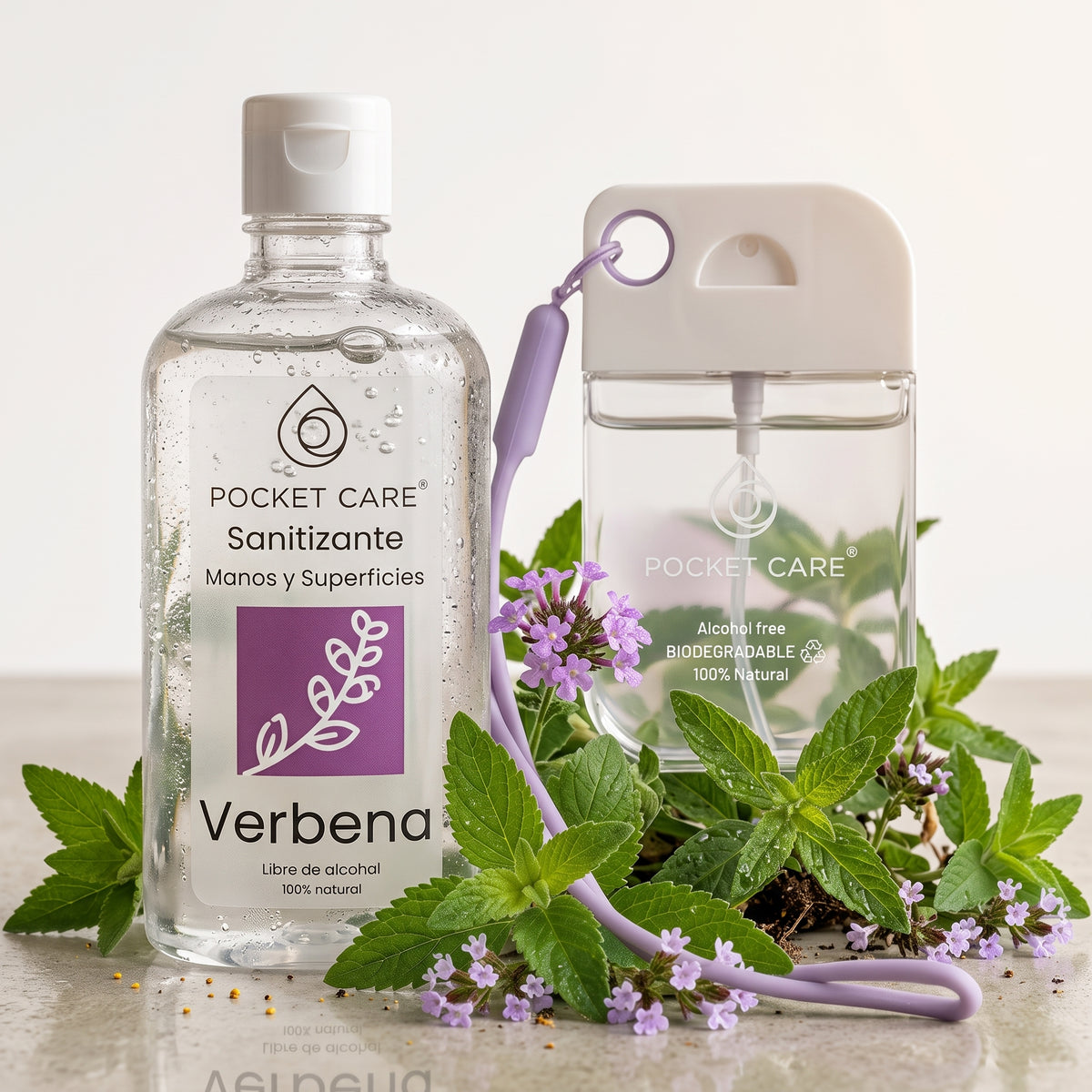Kit Sanitizante Spray Sin Alcohol 45ml + Refill 250ml — Aroma Verbena | Pocket Care