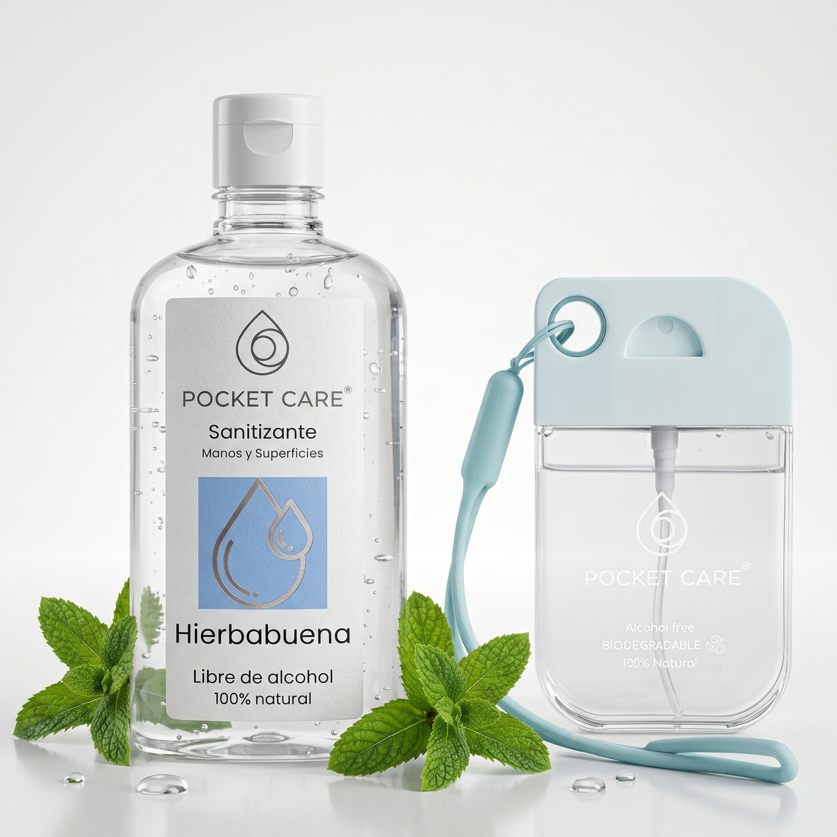 Kit Sanitizante Spray Sin Alcohol 45ml + Refill 250ml — Aroma Hierbabuena | Pocket Care