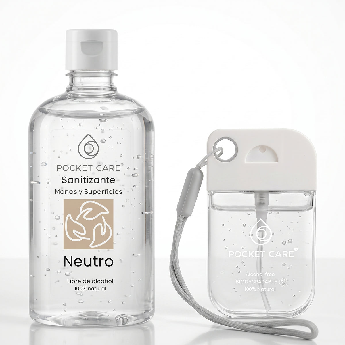 Kit Sanitizante Spray Sin Alcohol 45ml + Refill 250ml — Neutro Sin Perfume | Pocket Care