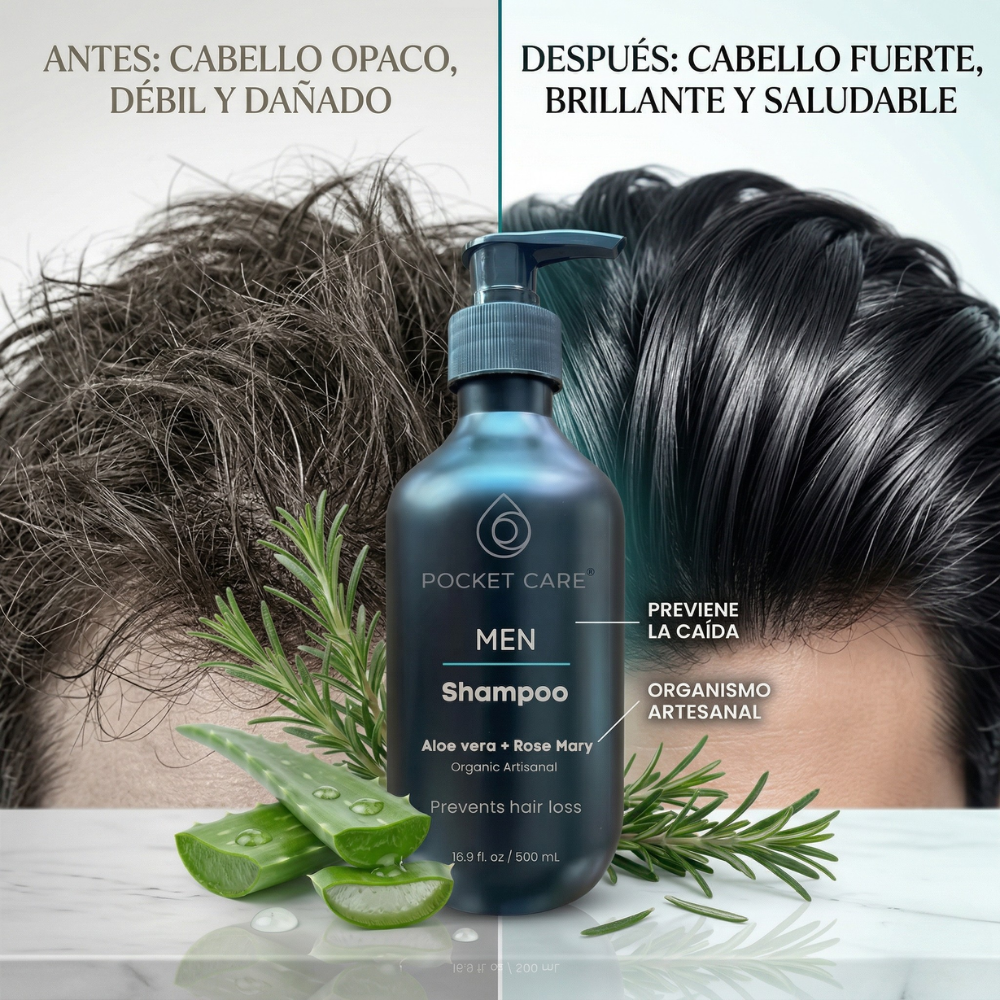 Shampoo para Hombre — Control de Caída, Caspa y Grasa 500ml | Pocket Care