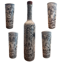 kit Decantador de tequila y 4 vasos tequileros pintados a mano, hermosas historias únicas, ideal para tequila, mezcal, sangrita, 2 onzas,