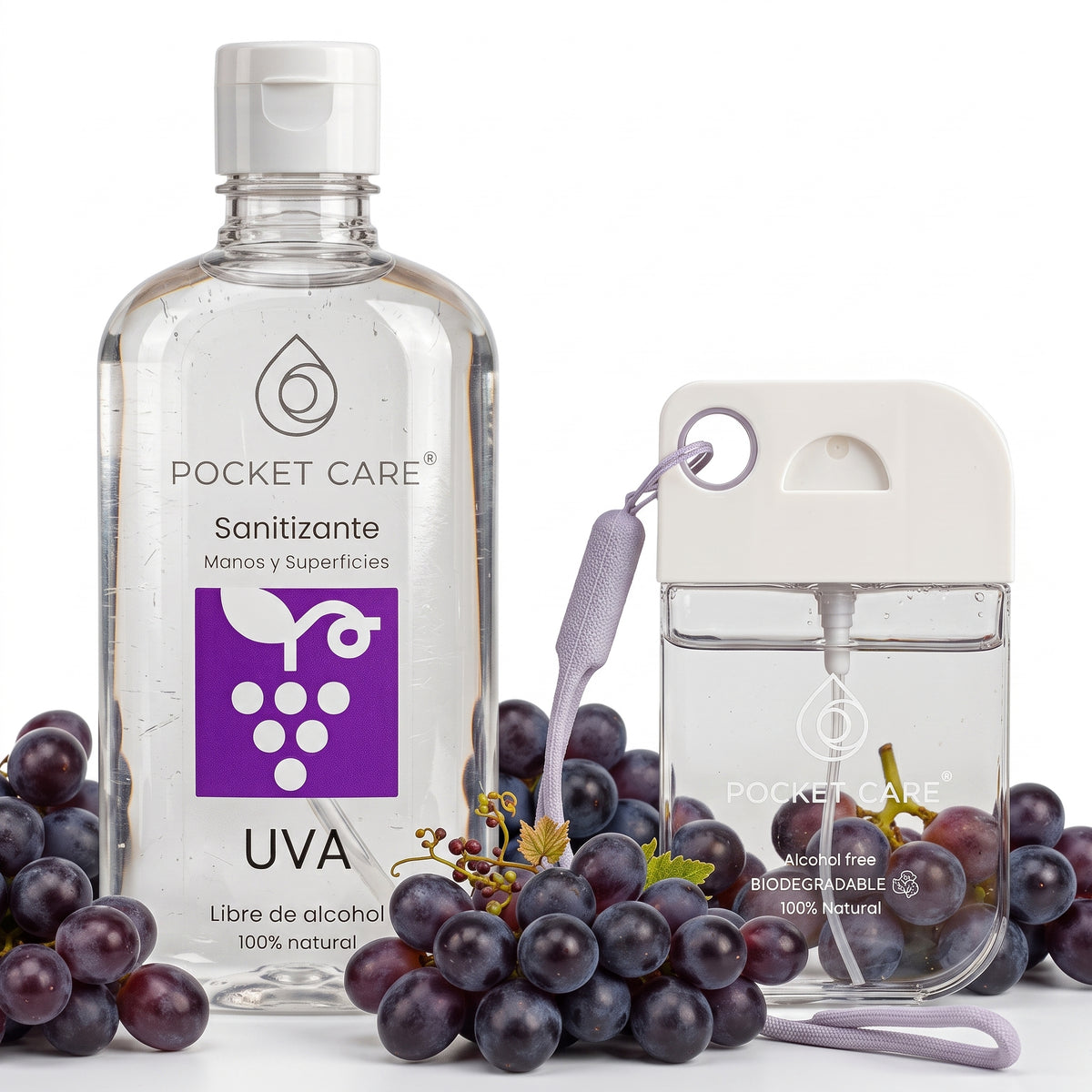 Kit Sanitizante Spray Sin Alcohol 45ml + Refill 250ml — Aroma Uva | Pocket Care