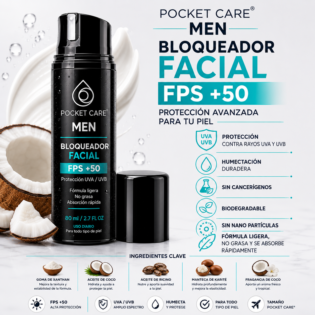 Bloqueador Solar Hombre FPS 50 Biodegradable | Pocket Care