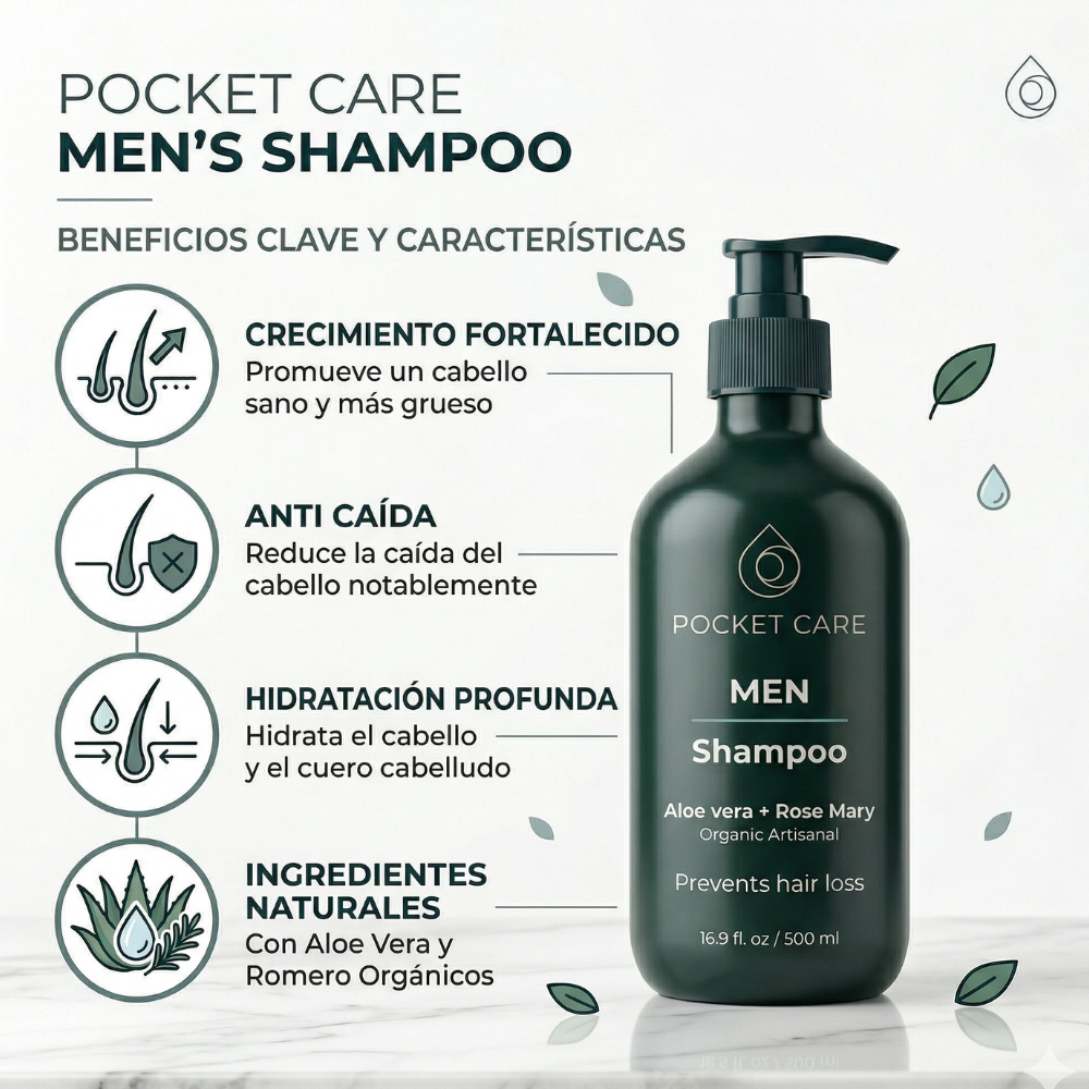 Kit con 2 Shampoos para Hombres 100% Natural y Orgánico | Fortalecedor Capilar con Aloe Vera, Romero, Jojoba y Ortiga | Control de Caída, Caspa y Exceso de Grasa | Aumenta Densidad y Brillo | Sin Sulfatos, Parabenos ni Químicos Agresivos | 500ml