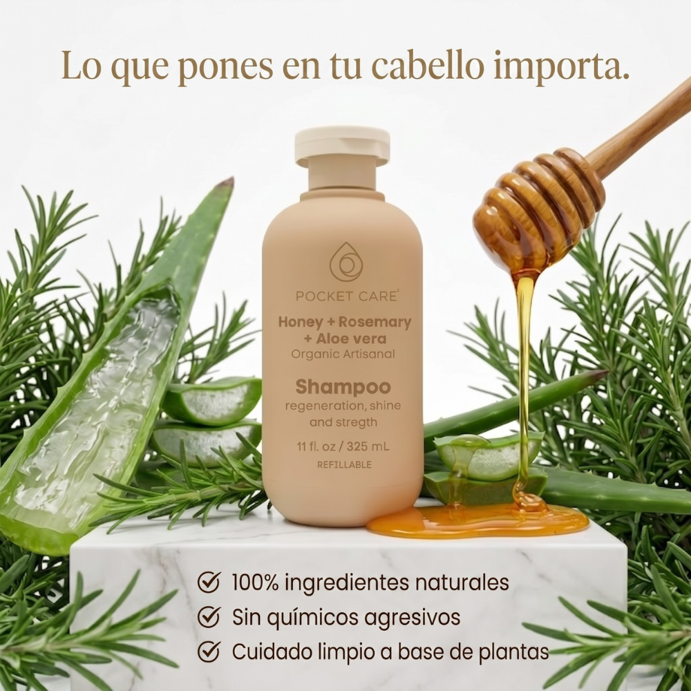 Shampoo Orgánico de Miel, Sábila y Romero – Reparación Profunda e Hidratación Intensa para Cabello Dañado – Anticaída y Crecimiento – Sin Sulfatos, Parabenos ni Siliconas – Shampoo Natural Vegano 325ml