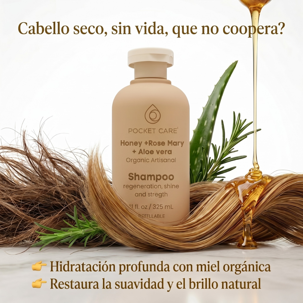 Shampoo Orgánico de Miel, Sábila y Romero – Reparación Profunda e Hidratación Intensa para Cabello Dañado – Anticaída y Crecimiento – Sin Sulfatos, Parabenos ni Siliconas – Shampoo Natural Vegano 325ml