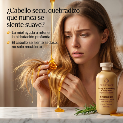 Shampoo Orgánico de Miel, Sábila y Romero – Reparación Profunda e Hidratación Intensa para Cabello Dañado – Anticaída y Crecimiento – Sin Sulfatos, Parabenos ni Siliconas – Shampoo Natural Vegano 325ml