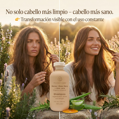 Shampoo Orgánico de Miel, Sábila y Romero – Reparación Profunda e Hidratación Intensa para Cabello Dañado – Anticaída y Crecimiento – Sin Sulfatos, Parabenos ni Siliconas – Shampoo Natural Vegano 325ml