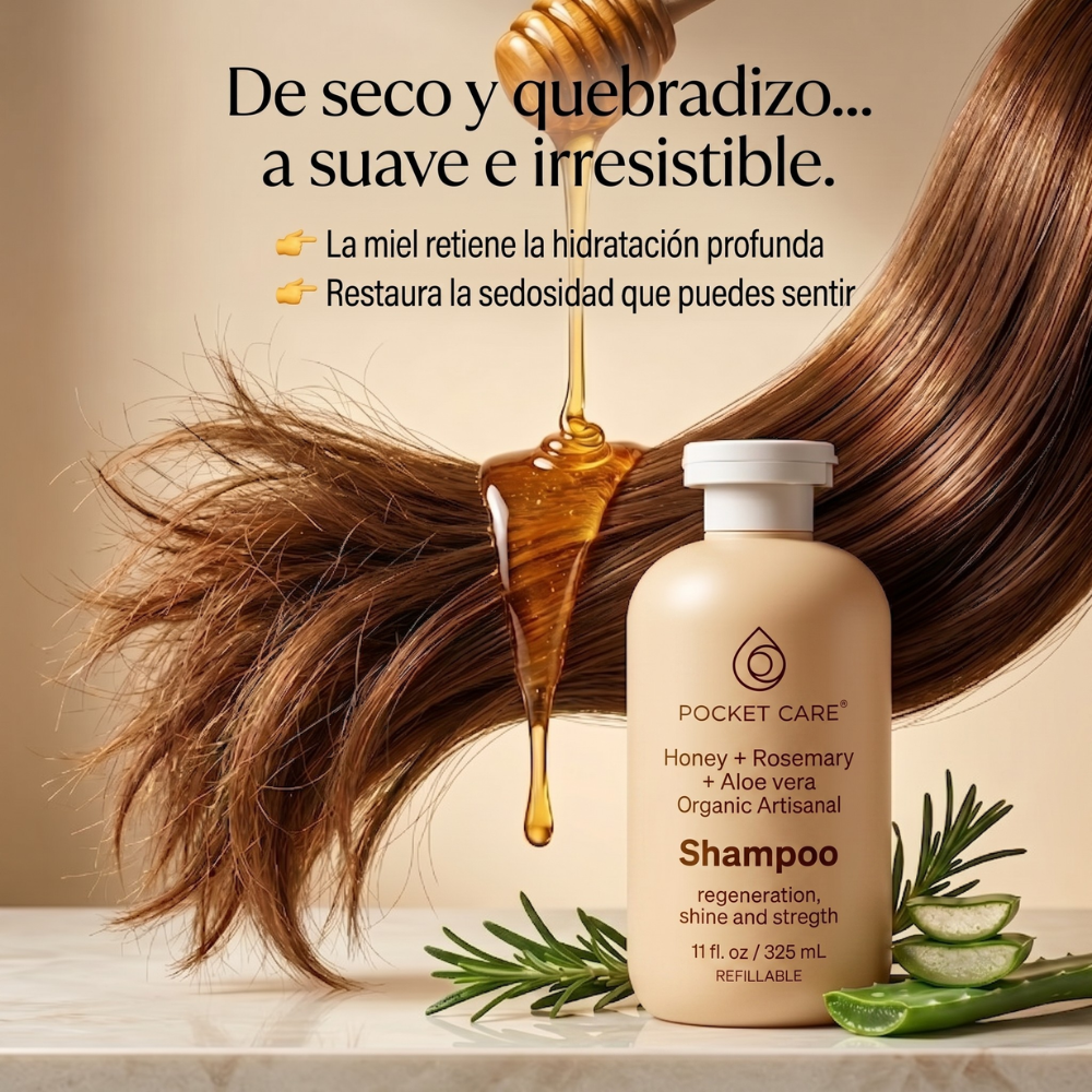Shampoo Orgánico de Miel, Sábila y Romero – Reparación Profunda e Hidratación Intensa para Cabello Dañado – Anticaída y Crecimiento – Sin Sulfatos, Parabenos ni Siliconas – Shampoo Natural Vegano 325ml