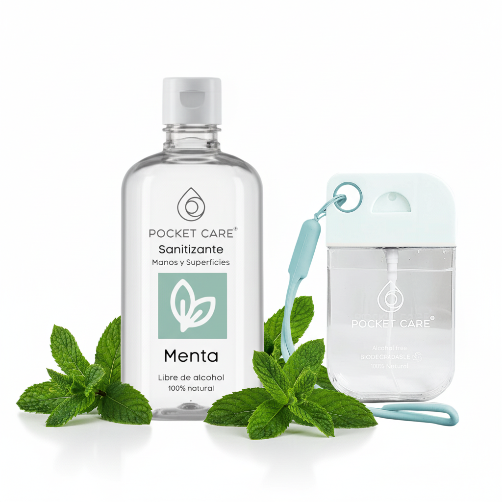 Kit Sanitizante Spray Sin Alcohol 50ml + Refill 250ml — Aroma Menta | Pocket Care