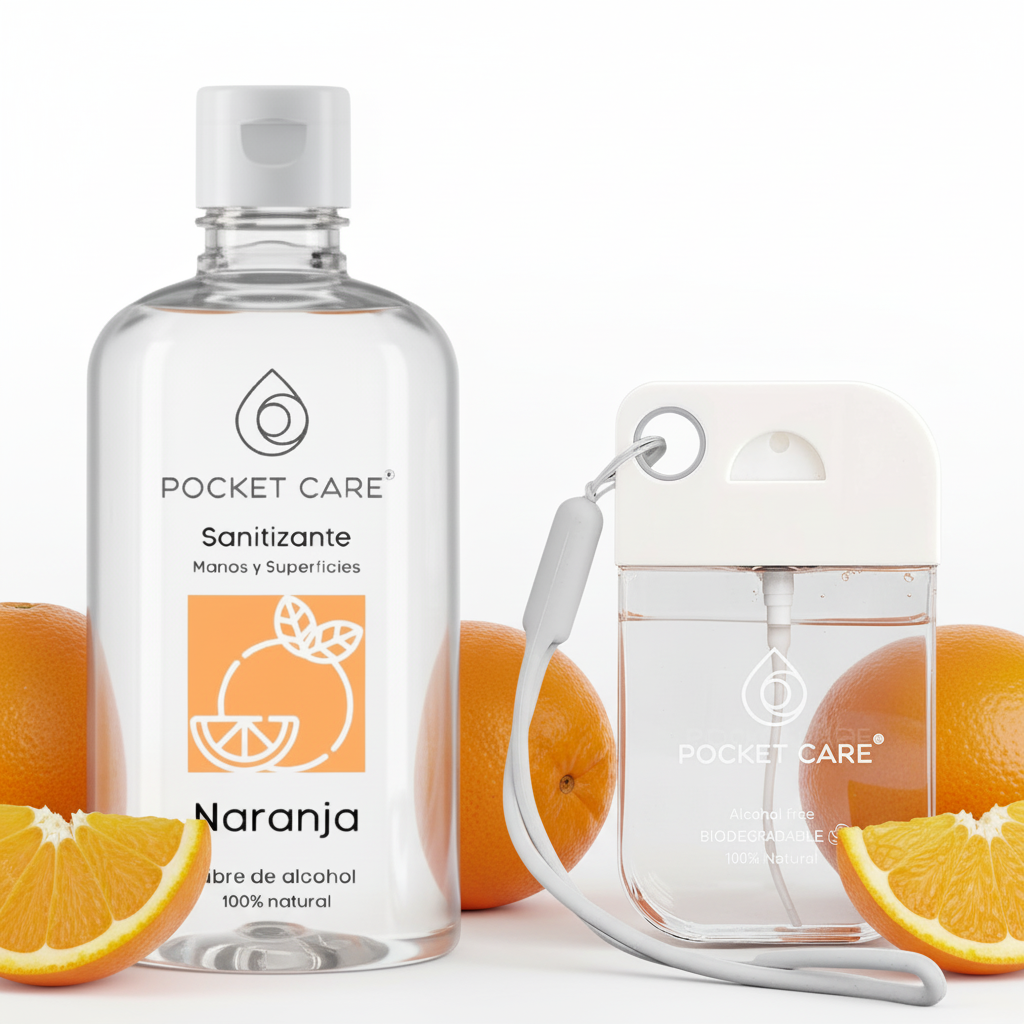 Kit Sanitizante Spray Sin Alcohol 45ml + Refill 250ml — Aroma Naranja | Pocket Care