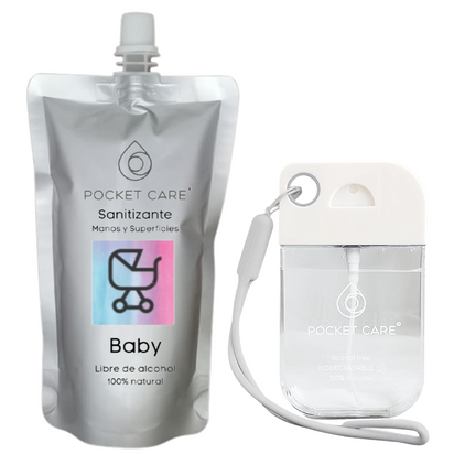 Pocket Care | KIT Desinfectante Spray - Sin Alcohol | 45ml - BABY | Antibacterial Spray de Bolsillo Orgánico + REFILL 200ml | Sanitizante para Manos | Hand Sanitizer 100% Natural