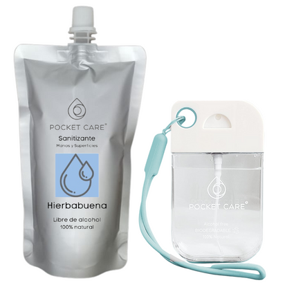 Pocket Care | KIT Desinfectante Spray - Sin Alcohol | 45ml - HIERBABUENA | Antibacterial Spray de Bolsillo Orgánico + REFILL 200ml | Sanitizante para Manos | Hand Sanitizer 100% Natural