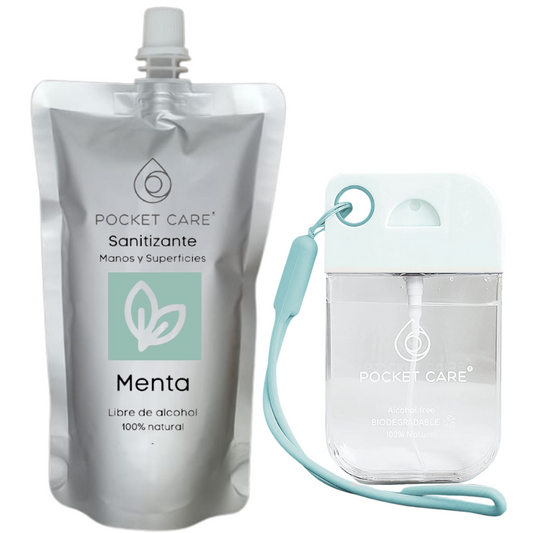 Pocket Care | KIT Desinfectante Spray - Sin Alcohol | 50ml - MENTA | Antibacterial Spray de Bolsillo Orgánico + REFILL 200ml | Sanitizante para Manos | Hand Sanitizer 100% Natural