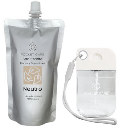 Pocket Care | KIT Desinfectante Spray - Sin Alcohol | 45ml - NEUTRO | Antibacterial Spray de Bolsillo Orgánico + REFILL 200ml | Sanitizante para Manos | Hand Sanitizer 100% Natural