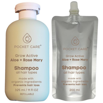 Shampoo para pelo orgánico, artesanal de pulpa de sábila en alta concentración, romero y nutrientes naturales, regenerador de cabello, Prevención caída del cabello e Hidratación 525 ml (Kit Shampoo + Refill, Aloe Vera)