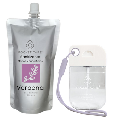 Pocket Care | KIT Desinfectante Spray - Sin Alcohol | 45ml - VERBENA | Antibacterial Spray de Bolsillo Orgánico + REFILL 200ml | Sanitizante para Manos | Hand Sanitizer 100% Natural
