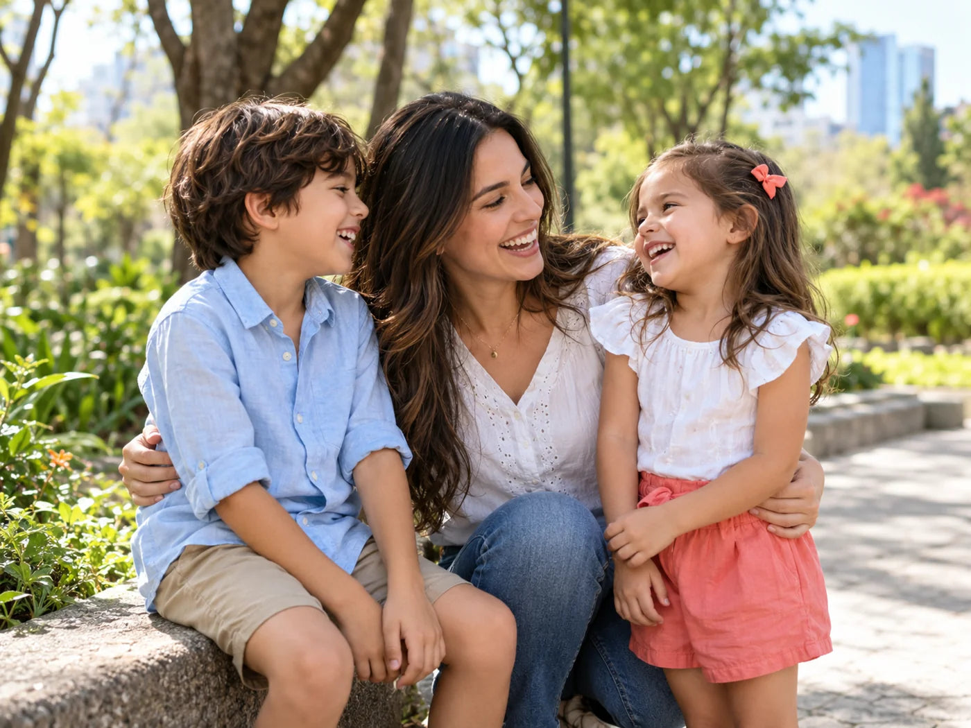Mamá y sus hijos disfrutan una salida al parque