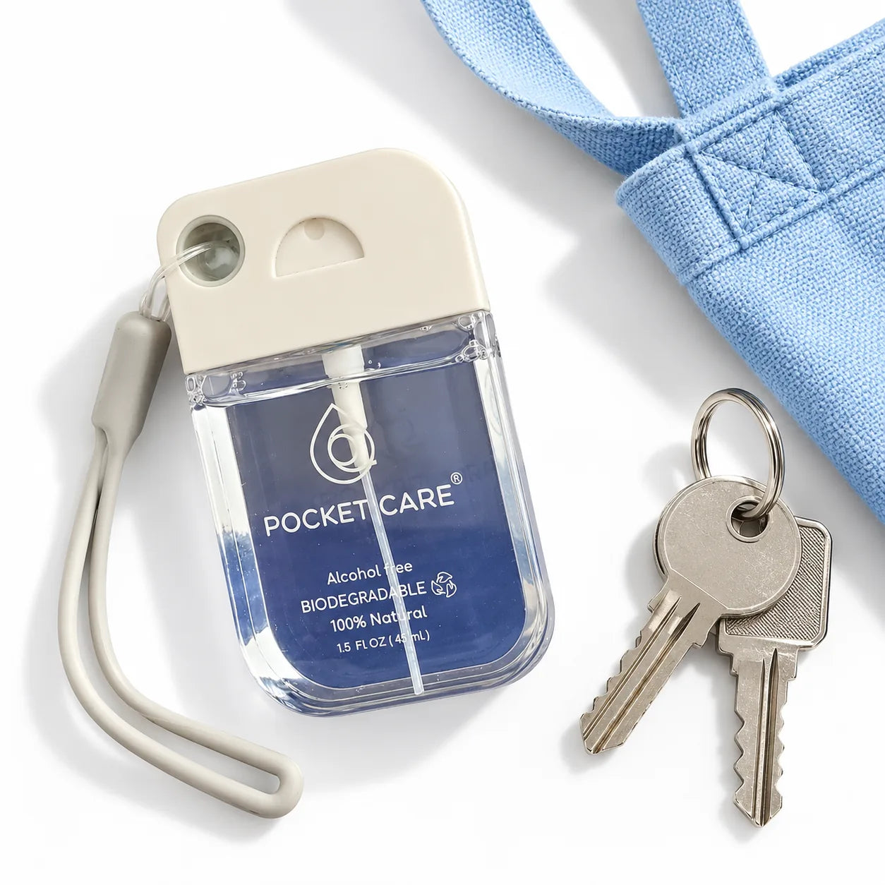 Pocket Care junto a unas llaves para mostrar su formato portátil