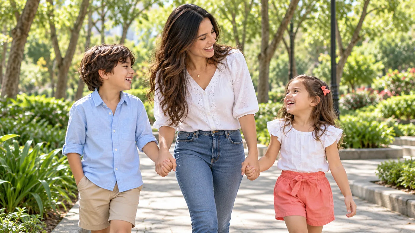 Mamá y sus hijos pasean juntos en el parque